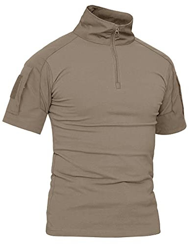 KEFITEVD Military Shirt Männer Army Oberteil Combat Hemd Baumwolle Sommer Shirt Wandern Fitness Kurzarm T-Shirt Elastisch Slim Fit Khaki XL