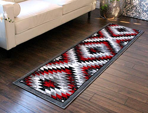 Masada Rugs, Stephanie Collection Teppich Southwest Indianer Distressed-Design 1106 Rot Grau Weiß Schwarz (61 x 21 cm ) Läufer
