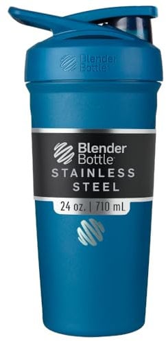 BlenderBottle Strada Shaker Cup Insulated Stainless Steel Water Bottle with Wire Whisk, 24-Ounce, Blue