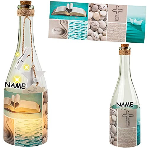 alles-meine.de GmbH 3 Stück Glas - Lichterflaschen Motiv frei wählbar 6 Stück LED Kirche & Glaube - Gott + Familie - Feier & Fest - Fische Ichthys + Kreuz inkl. Name - ..