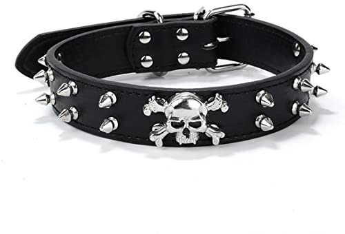 FUNAT Collier für Chien à Rivets Tête de Mort, Verstellbarer Totenkopf mit Spitzen Nieten Krokodil-Kunstleder-Hundehalsband