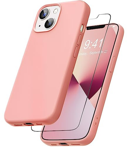 YATWIN Liquid Silicone Case Compatible for iPhone 13 with Tempered Glass Screen Protector, Slim Flexible Soft Full Body Shockproof Phone Case Compatible for iPhone 13 - Pink