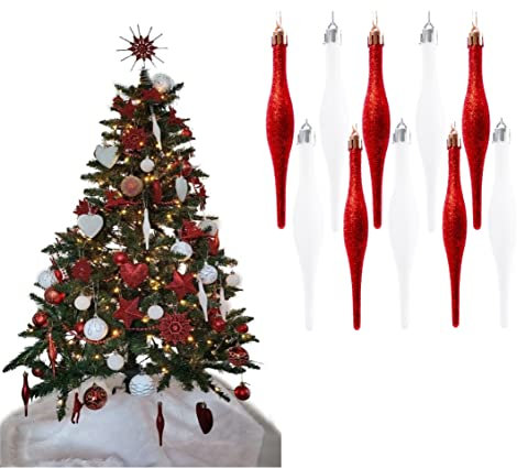 Simply Products 10 Droplet Baubles - Great Christmas Tree Decoration, Matte & Glitter Icicle Baubles (Red & White Glitter)