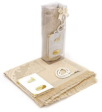 Juego de alfombra de oración musulmana de tela de tafetán y terciopelo cubierto de libro de tamaño bolsillo y cuentas de oración con caja transparente especial, regalos perfectos para Ramadán