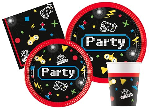 Ciao-Kit Table Fête videogame Gaming Party 8 personnes (44 pcs: assiettes, gobelets, serviettes) en papier FSC Vaisselle, AZ120, Multicolor