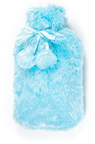 2L Hot Water Bottle with Cover UK - Natural Rubber 2 Litre Hot Water Bottle - Perfect Hot Water Bag for Pain Relief, Hand Feet Warmer and Cold Compress (Cream Bottle with Sea Blue Cover)