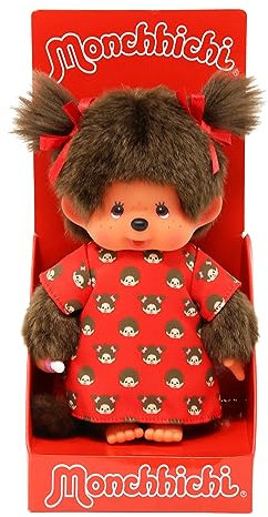 Sekiguchi 221295 - Original Monchhichi Mädchen, Plüschtier mit Monchichikleid und Schleifen, ca. 20 cm großes Kuscheltier aus braunem Plüsch