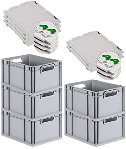PROREGAL SuperSparSet 5x Eurobox NextGen Grip mit Scharnierdeckel und grünen Schiebeschnappverschlüssen, HxBxT 22x30x40cm, 20 L, Grau, Griffe offen, Eurobehälter, Transportbox