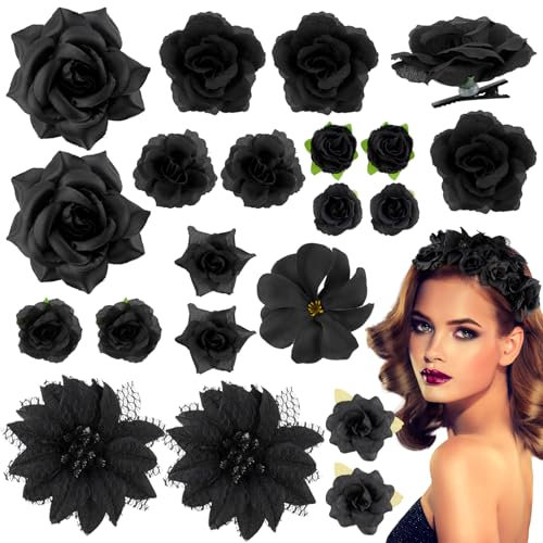 21PCS Barrette Fleur Artificielle Noir Pince à Cheveux Hair Clips Epingle à Cheveux pour les Femmes Filles Décoration pour Coiffure de Carnaval Danseuse Halloween Déguisement Gothiques