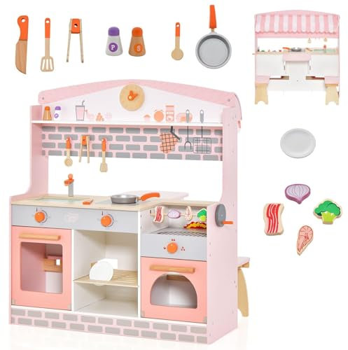 RELAX4LIFE 2 in 1 Cucina Legno per Bambini, BBQ Giochi Di Ruolo, Mini Cucina con Zona Pranzo e Accessori, Cucina Playset Giocattoli Interattivi per Bambini 3+ Anni