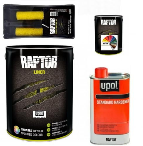 Raptor Liner Lack, alle RAL Farben. 1,1 L (0,75+0,25+0,1) Gebinden + Rollen Set. 2K Fahrzeug & Transportflächen Beschichtung. Upol. (RAL 9001 Cremeweiss)