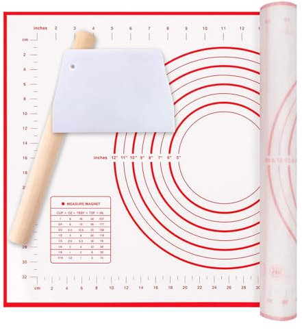 TAKUZA Silikon Backmatte Set, Teigunterlage, Backmatte Silikon 60 x 40 cm, Teigmatte Rutschfeste Antihaft mit Messung, mit Teigkarte und Nudelholz, BPA Frei Wiederverwendbar für Plätzchen, Pizza Teig