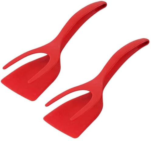 2 in 1 Grip and Flip Spatula Tongs, Egg Flipper Tong, Non-Stick Egg Turners, Pancake Fish French Toast Omelet Making Home Kitchen Cooking Tools (Red 2pcs)