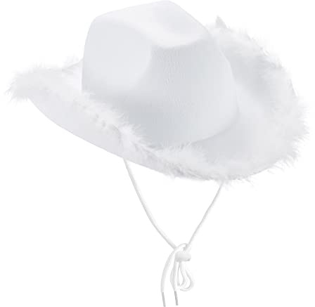 Yoisdtxc Cowboyhut für Damen, rosa Cowboyhut mit flauschiger Federkrempe, Cowgirl-Kostümhüte für Halloween, Karneval, Rollenspiele, Cosplay, Geburtstagsparty-Zubehör (Weiß-1)
