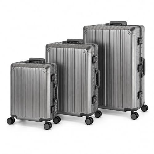 Travelhouse® Tokyo Aluminium Reisekoffer Set, 3 Trolleys 55cm + 65cm + 77cm mit 4 Doppelrollen, 100% Aluminium Hartschale - S+M+XL Grau