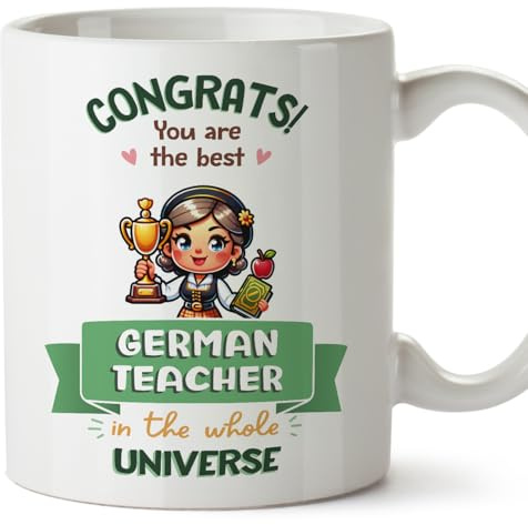 MUGFFINS German Teacher Woman Mug - in English - Best in Universe Trophy - Funny Gift for Colleagues - Ceramic 11oz Mug