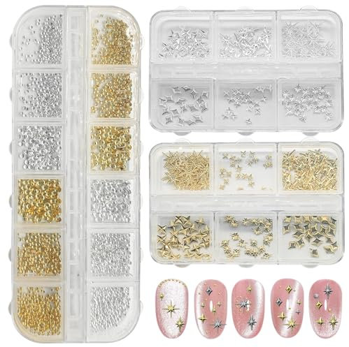 3400 Stück goldene und silberne Sternperlen, goldene Nagelanhänger, Zubehör für Nagelschmuck, schöne Sternnagelanhänger für Nägel,Nail Art Rhinestones