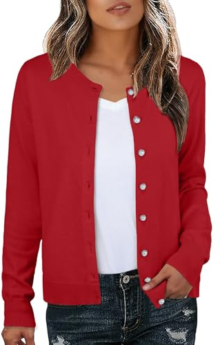 GRECERELLE Stickad kofta dam lätt långärmad cardigan elegant tunn rundhals stickade koftor avslappnad pullover stickväst klassisk stickad kappa med pärlknappar, höst, vinter, röd, L