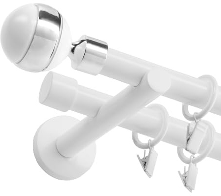 Fenster DEKOR - Gardinenstange Weiß - Gordijnroede 180 cm - Elegante Modern Vorhangstange - 2-läufig stange vorhang - Karniesabschluss wählbar - Vorhang Stangen Weiss Größer Ball