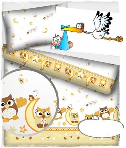 Best For Kids Bettset 135x100 cm 4-teilig Babybett Bettwäsche-Set aus 100% Baumwolle (Creme Eulen Mond)