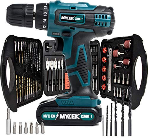 MYLEK 18V Li-ion Cordless Drill Driver Set 131 Piece Combi Accessory Kit - LED Worklight (131 Piece Drill Set & 1 Battery, Blue)