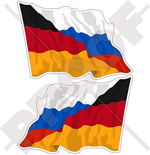 DEUTSCHLAND-RUSSLAND Deutsch-Russisch Wehende Flagge, 120mm Auto & Motorrad Aufkleber, x2 Vinyl Stickers (Links - Rechts)
