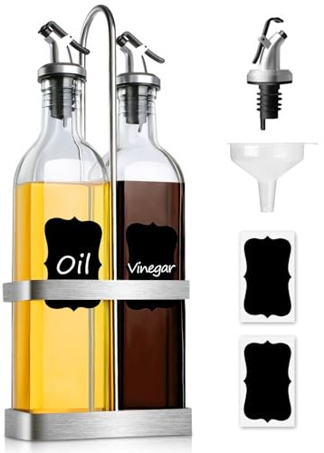 GMISUN Oil and Vinegar Dispenser Set with Stainless Steel Caddy Holder, Oil and Vinegar Bottles Set for Kitchen, Olive Oil Dispenser Bottle, Cooking Oil Dispenser Container Cruet, Glass 2 Pack