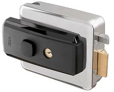 Art. 52N012 Serrure électrique applique série 52N pour portails 12 V finition inox cylindre fixe avec clé ; serrure réversible entrée 60-70-80