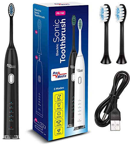 ProMedix PR-740B Elektrische Schallzahnbürste mit Reise-Etui Zahnbürste 5 Reinigungs-Modi mit 2 Aufsteckbürsten 2-Minuten-Timer IPX7 Wasserdicht USB-Aufladung (Schwarz, Schallzahnbürste)