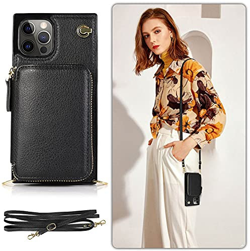 Handykette Handyhülle kompatibel mit Apple iPhone 12 Mini Wallet Hülle PU Leder mit Reißverschluss Kartenfach Ständer Handytasche TPU Bumper Case mit Kordel Kette Schutzhülle Cover(Schwarz)