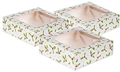 Anniversary House Christmas Cake Boxes with Holly Print - Recyclable Paper Packaging Boxes for Festive Baking, Gifting, Cookies, Brownies & Small Treats - 3-Pack, 3.8 x 11.4 x 11.4cm