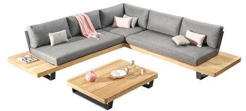 OUTLIV. New York Loungeecke, Loungeset aus Aluminium und Olefin in Teak Natur und hellgrau, modernes Design für Ihren Outdoor-Bereich
