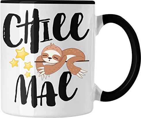 Trendation - Chill Mal Lustige Tasse für's Büro Arbeit Kollegin Männer Frauen Kaffeetasse Faultier Kinder Sprüche (Schwarz)