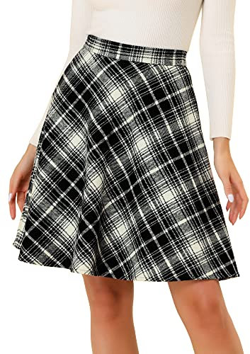 Allegra K Femmes Plaids Taille élastique Genou Longueur peigné Une Jupe Noir Blanc M