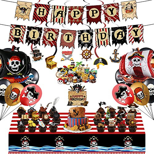 Kindergeburtstag Piraten Dekoration,103PCS Piraten Party Geburtstag Deko mit Happy Birthday Banner, Tischdecke, Luftballons, Hängende Wirbel, Cupcake Toppers, Aufkleber für Kinder Jungen Geburtstag