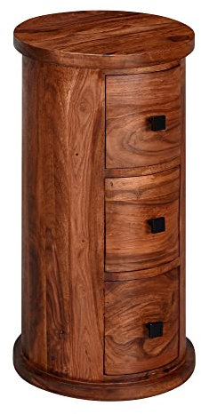 möbelando Design Sideboard Sheesham Massivholz 35x65x35 cm | Schränkchen mit 3 Schubladen | Schmaler Beistellschrank Massiv | Mini Kommode Rund