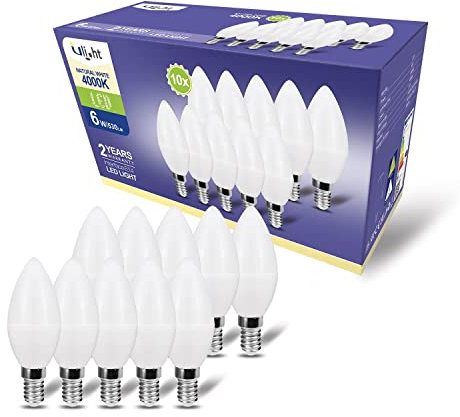 ULIGHT E14 Olive LED-Lampe, 6 W entspricht 50 W Glühlampe, 4000 K natürliches weißes Licht, 530 Lumen, 220 V-240 V, nicht dimmbar, 210 ° Strahl, 10 Stück
