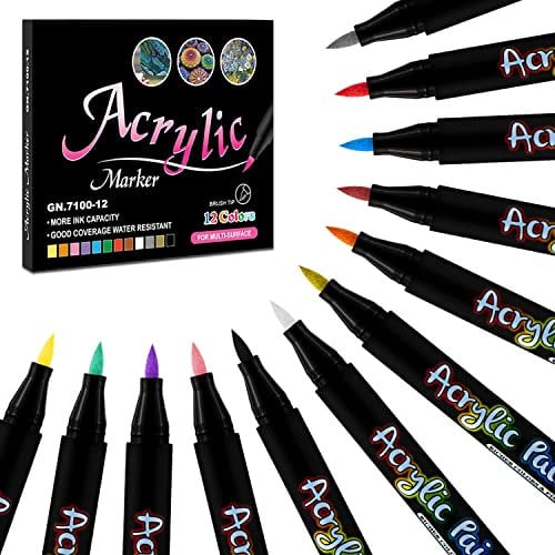 Paint Pens, Acrylic Paint Pens with Brush Tip, 12 Colour Acrylic Pens for Rock Painting Glass Wood Ceramic Craft Supplies, Paint Markers for Christmas Easter Egg Halloween Pumpkin