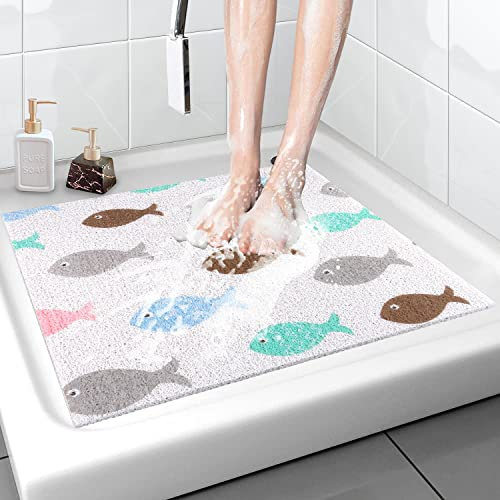 Sicherheits Duschmatte rutschfest, 60 * 60cm, Weich Komfort Badematte mit Ablauflöchern, PVC-Luffa Massage Duschmatten für Nassbereiche, Schnell trocknend (Quadrat Fisch - 60 x 60 cm)