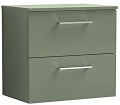 nuie ARN824W Arno Modern Bathroom Wall Hung 2 Drawer Vanity Unit with Colour Worktop, 600mm, Satin Green