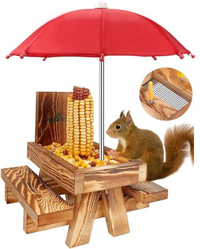 MIXXIDEA Eichhörnchen-Futterstation Picknicktisch mit hohem Regenschirm, Eichhörnchen-Futterspender aus Holz für draußen, niedlicher Streifenhörnchen-Futterspender mit Maiskolbenhalter, solide