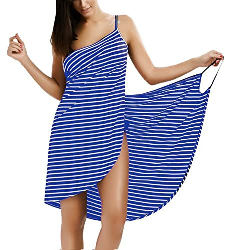 ClearloveWL Handtuchkleid Damen, Saunakilt Damen, Streifen Badetuch Wearable Beach Wickelkleid, Wickel Rock Wasseraufnahme Schnell Trocknen Sexy Bademantel (Color : Blau, Size : S)