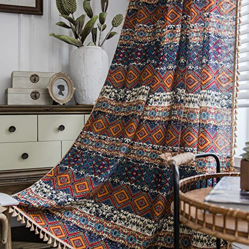Freyamy 2er-Set Vorhänge Boho Baumwolle Leinen Vintage Landhausstil Transluzente Stangentaschenvorhang mit Beige Quasten Gardinen mit Stangedurchzug für Wohnzimmer Schlafzimmer,220x150cm(HxB)