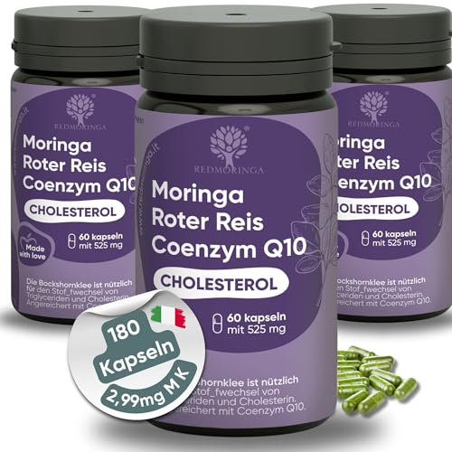 Redmoringa - NUOVA FORMULA Riso Rosso Fermentato e Moringa Bio con 3 mg di Monacoline, 50 mg di Coenzima Q10 e 5% di acido clorogenico da estratto di carciofo - 180 capsule made in Italy