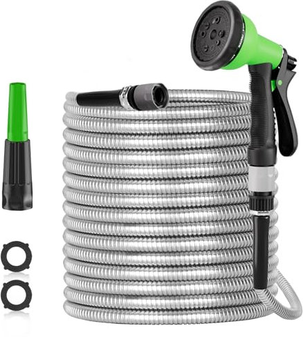 SPECILITE 150ft 304 Stainless Steel Garden Hose, Heavy Duty Flexible Metal Water Pipe with 2 Nozzles for Yard, Outdoor,No Kink and Tangle,Puncture Resistant