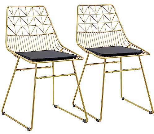 HOMCOM Luxurious Dining Chairs Set of 2, Metal Wire Kitchen Chair with Removable Velvet-feel Cushion, Cut-out Back and Steel Frame for Dining Room, Gold Tone