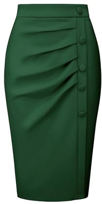 Hobemty Damen Bleistiftrock Hohe Taille Plissee Front Arbeit Midi Röcke, Dunkelgrün, Klein