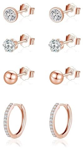 wynn's Rose Gold Earrings for Women, 925 Sterling Silver Stud Earrings, Cubic Zirconia Small Sleepers Studs Hoops Earrings, 3mm Stud Earrings + 10mm Hoop Earrings, Rose Gold Earrrings set