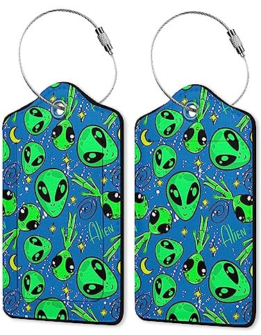 Gepäckanhänger aus Leder für Koffer, Aliens, UFO, Grün, einzigartiger Kofferanhänger mit Sichtschutz, ID-Etikett und Edelstahlschlaufe für Damen und Herren, Koffergepäck, Reiseanhänger für Gepäck, 2