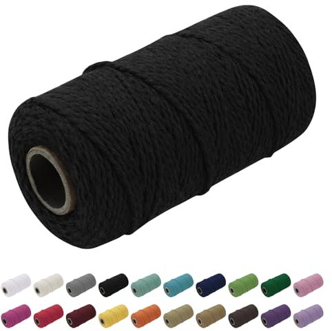Uiopa Macrame Cord 1.5mm x 100m, Natural Cotton Cord Coloured Macrame Yarn Soft Rope, Macrame String Cotton Twine for Crafts, Plant Hanger, Wall Hanging, Wrapping, Christmas Decorations (Black)